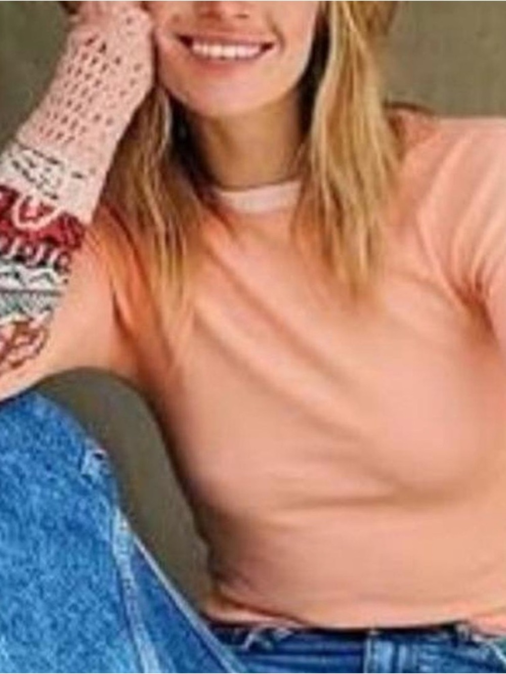 Free People Peach Long-Sleeve Thermal Top with crochet Sleeve Cuffs